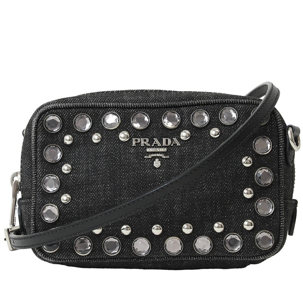 Prada bag denim shoulder studded black pochette Clutch
